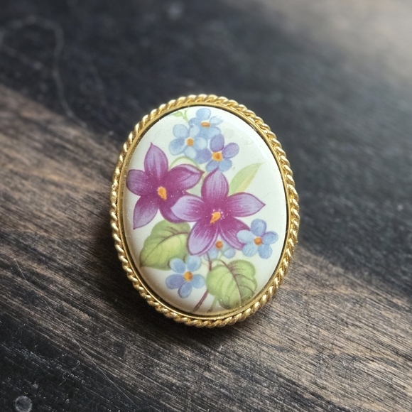 Vintage Gold Brooch with Purple and Blue Floral Design - Picture 1 of 7